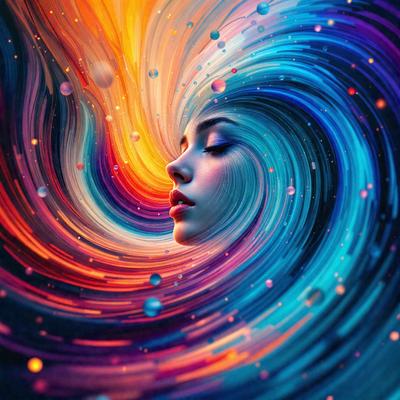 The primary subject of the image is a woman's face, which is the main focus of the image. The setting is a colorful, swirling background that adds a vibrant and dynamic atmosphere to the scene. The visual style is a combination of photo and digital art, creating a unique and eye-catching representation of the woman's face. The colors and mood of the image are predominantly bright and lively, with the woman's face being the center of attention in this visually striking composition.